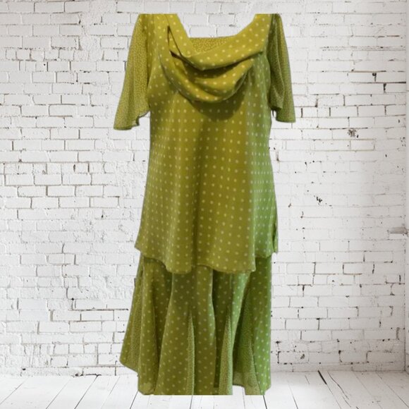 Vintage Roaman's 2 pc Skirt/Shirt Green w/White Polka Dot  Plus Sz 16W - Picture 1 of 10